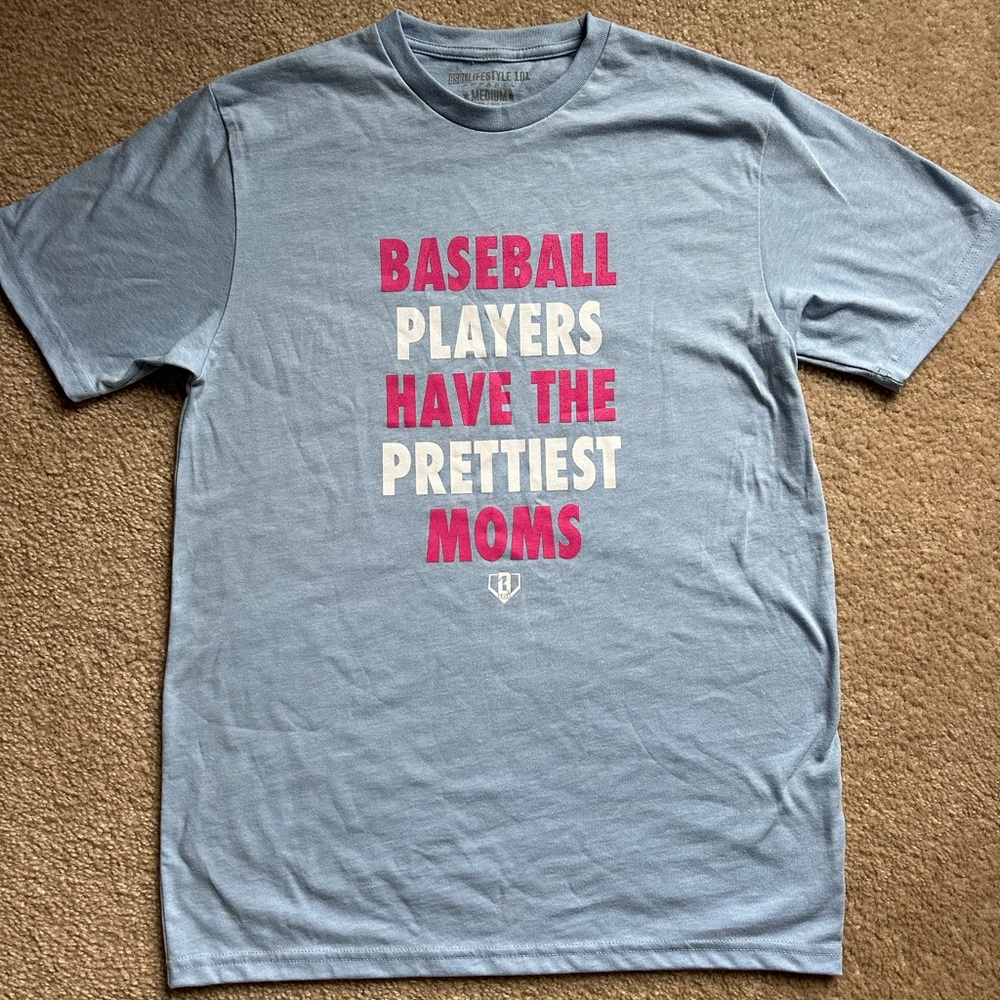 Stylish Blue T-Shirt with Pink and White Text